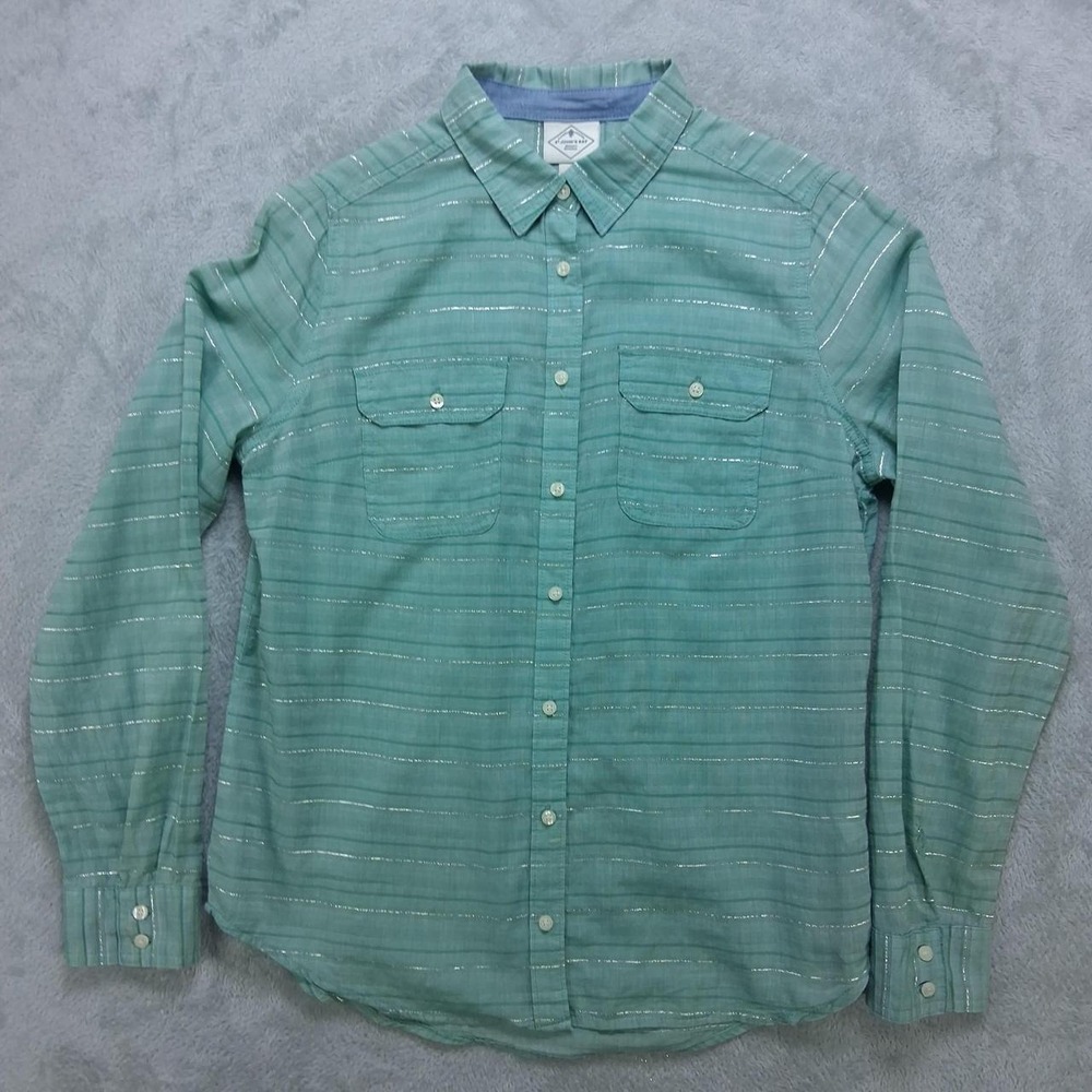 St Johns Bay Womens Mint Green Metallic Lurex Striped Button Front Shirt Medium